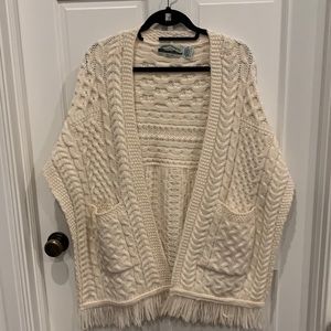 Aran Crafts OS Wool Fringe Ruana Throw Pockets Cable Knit Sweater